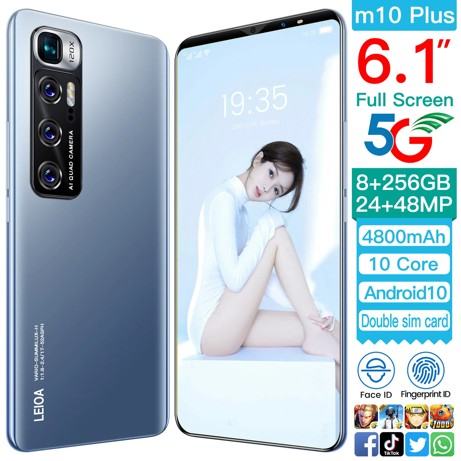 

2021 Newest Full Screen Mobile Phone M10 Plus 6.1inch Smartphone 12+512G 4800mAh Smartphone 24 + 48MP Camera Android Phone