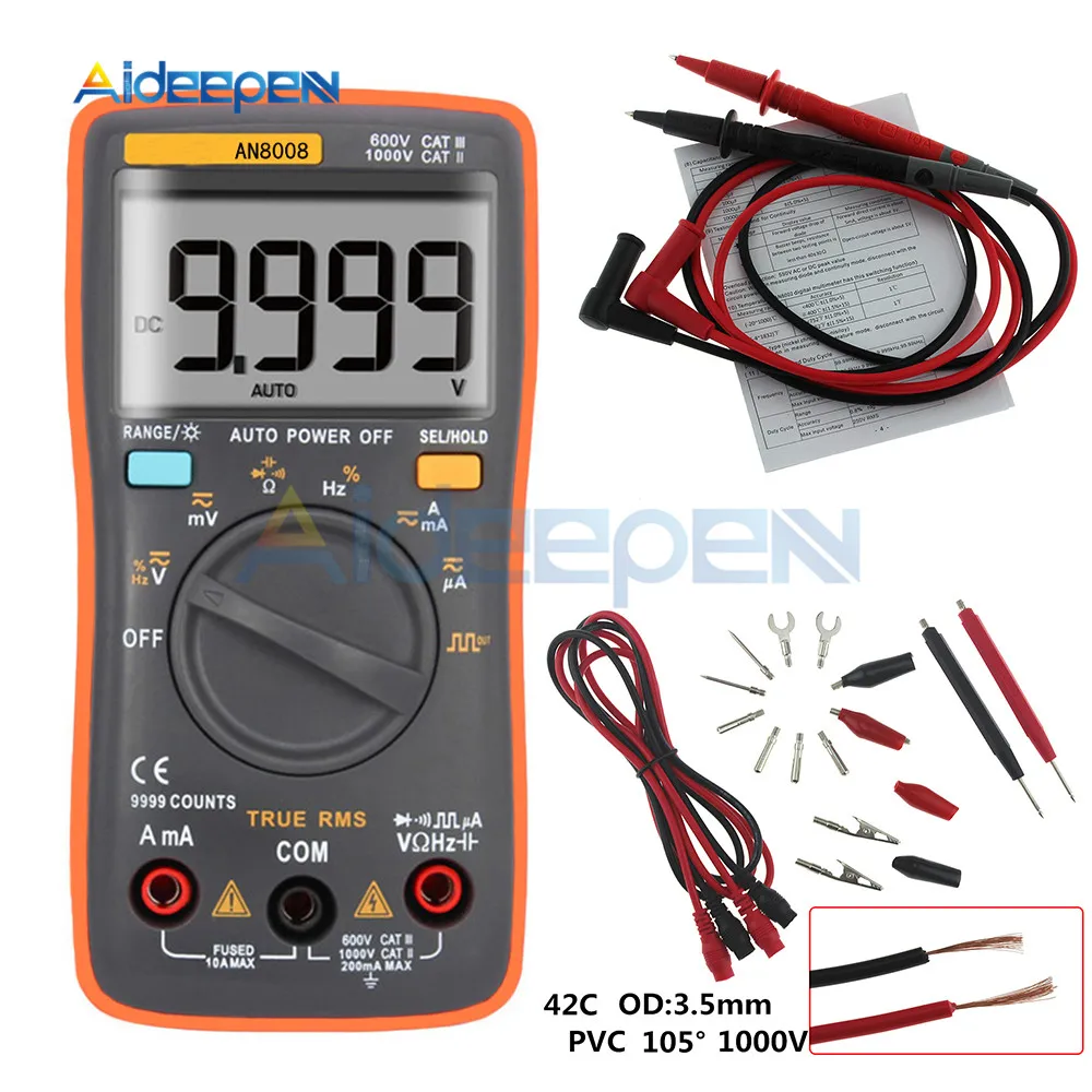 AN8008 AN8009 автоматический Диапазон Цифровой мультиметр 9999 отсчетов с подсветкой AC/DC Амперметр Вольтметр Ом Транзистор тестер мультиметр