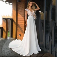 elegant a line wedding dresses v neck 2021 satin boho bridal gowns open back vestido de noiva vintage white ivory robe de mariee