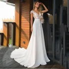 Свадебные платья-трапеции, 2021 атласные, с V-образным вырезом и открытой спиной, Винтажные белые, свадебные платья Boho