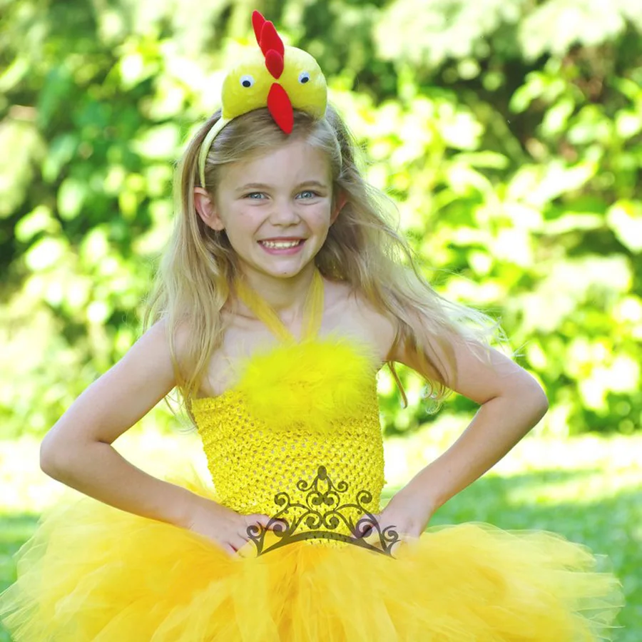 Cute Girls Yellow Chicken Feather Tutu Dress Kids Crochet Corset Ballet with Hairbow Children Party Costume Cosplay | Детская одежда и