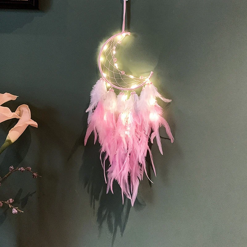 

Moon Dream Catcher With Fairy Lights Handmade Pink Feather Pendant Wall Hanging Ornament For Home Bedroom Wall Decor
