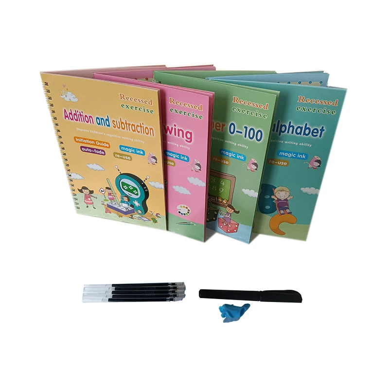 

4 книжки + ручка, волшебная копировальная книга, Бесплатная очистка, Детская Наклейка для письма, учебная английская тетрадь для каллиграфии...