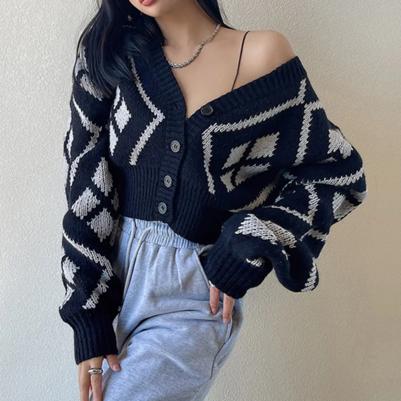 

XUXI Women Open Stitch Sweater, V-neck Knitting Long Sleeve Coat, Loose Single-breasted Short Sweater, Autumn 2021 E4099