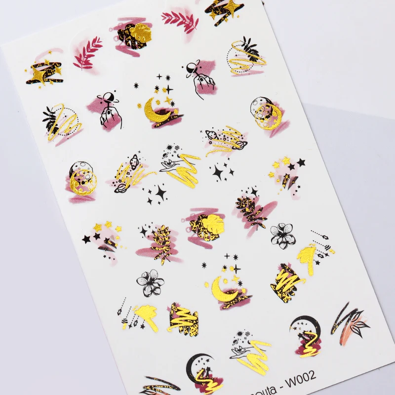 Наклейки для ногтей Harunouta с Луной и звездами золотые листья фиолетовый цветок