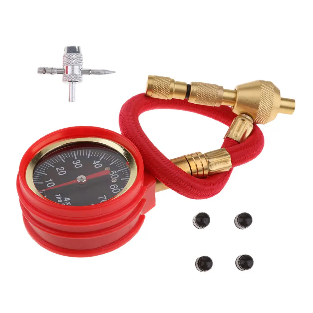 Red Mechanical Pointer Tire Pressure Gauge Tyre Deflator Kit with 4 Valve for Automobile Cars Trucks Repair Tools |