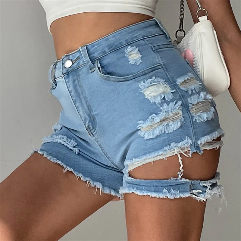 

Шорты женские джинсовые с завышенной талией, короткие модные штаны на молнии, с бахромой, с дырками, большие размеры