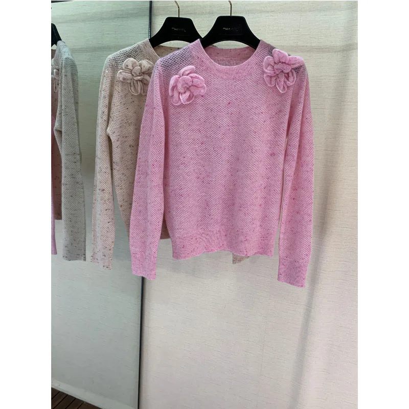 Коко свободный свитер трехмерный цветок круглый вырез вязаный с длинными