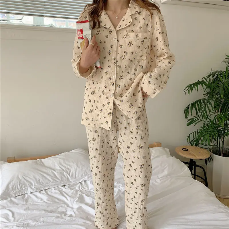 QWEEK Cotton Two Piece Set Sleepwear Women Pajamas Korean Floral Vintage Pijama New Autumn Winter Pyjamas Home Suit Loungewear