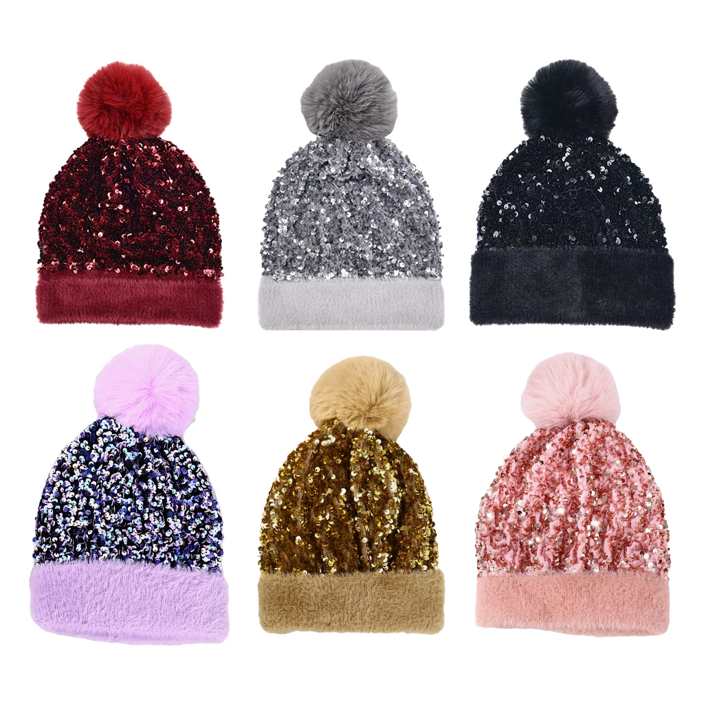 

Women Sequin Knitted Beanie Hat with Faux Fur Pompom Shiny Bling Winter Warm Ski Skull Caps
