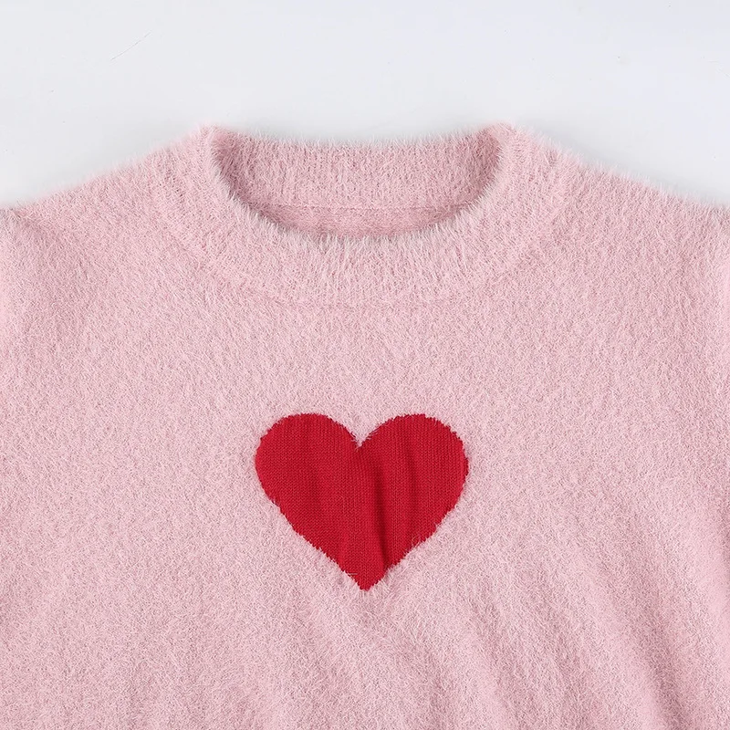 

2000s Aesthetics Heart Graphic Pink Knitted Crop Tops Y2K Fashion Cute O-Neck Short Sleeve Pullovers Vintage Slim Summer