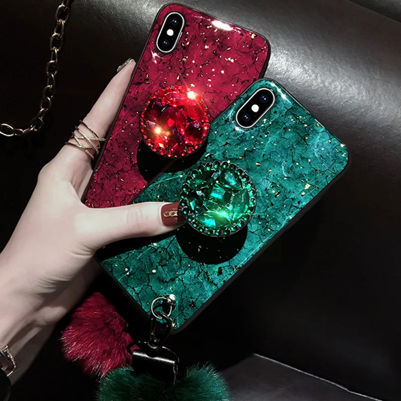 

DIY crystal holder Stand+Hairball+Strap Phone case For iPhone 11 PRO MAX 6 8 7 Plus XSMAX XR 12 ProMax Bling Glitter TPU