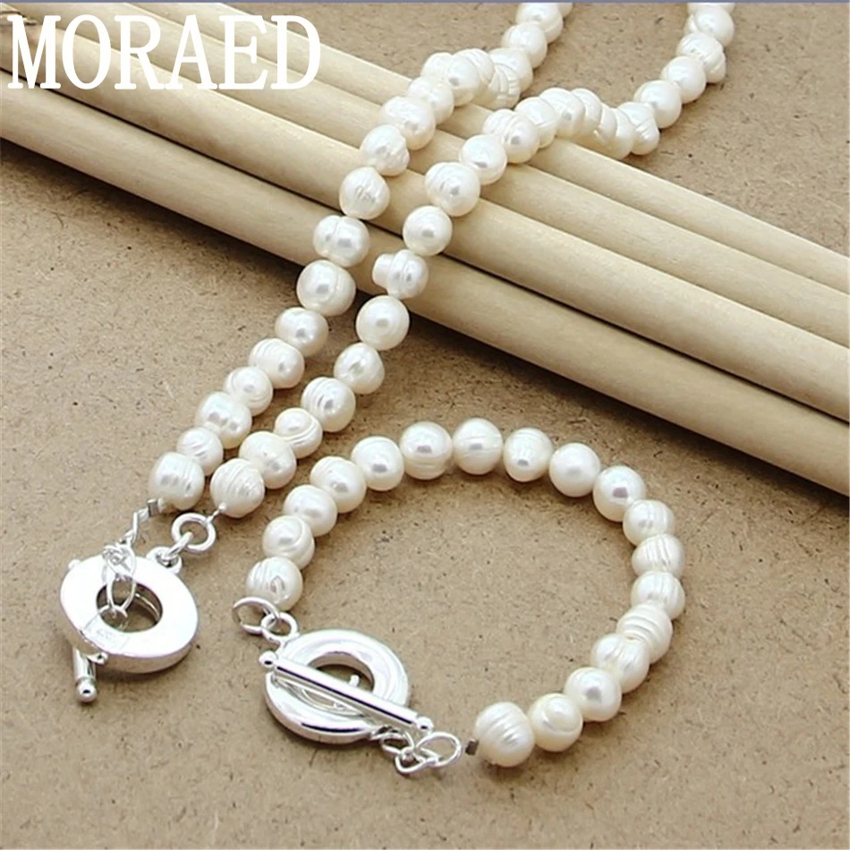 

8mm Natural Pearl Beaded Chain 925 Sterling Silver OT Buckle Necklace Bracelet Set For Women Wedding Engagement Party Jewelry