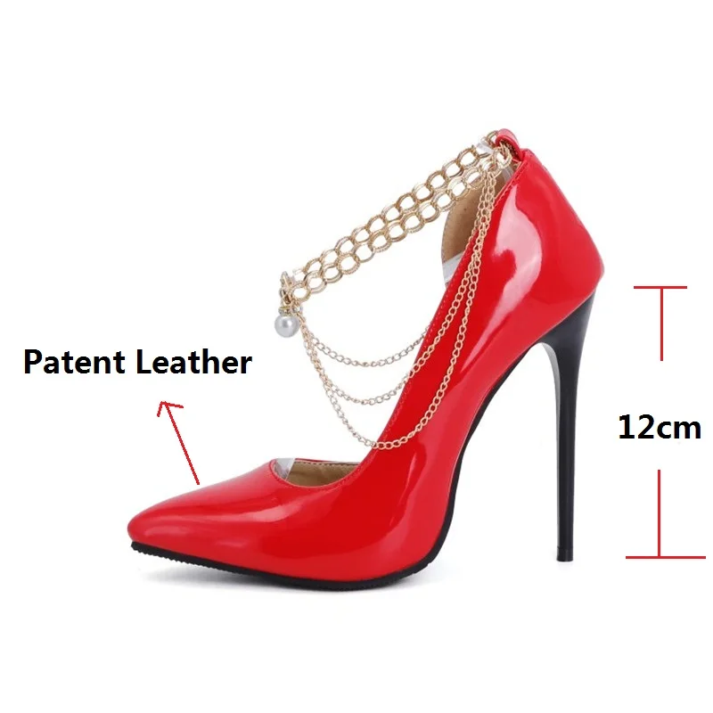 

Ochanmeb sexy stiletto thin high 12cm heels pumps red 48 shoes women two-piece style D'orsay party shoes gold metal chain pearls