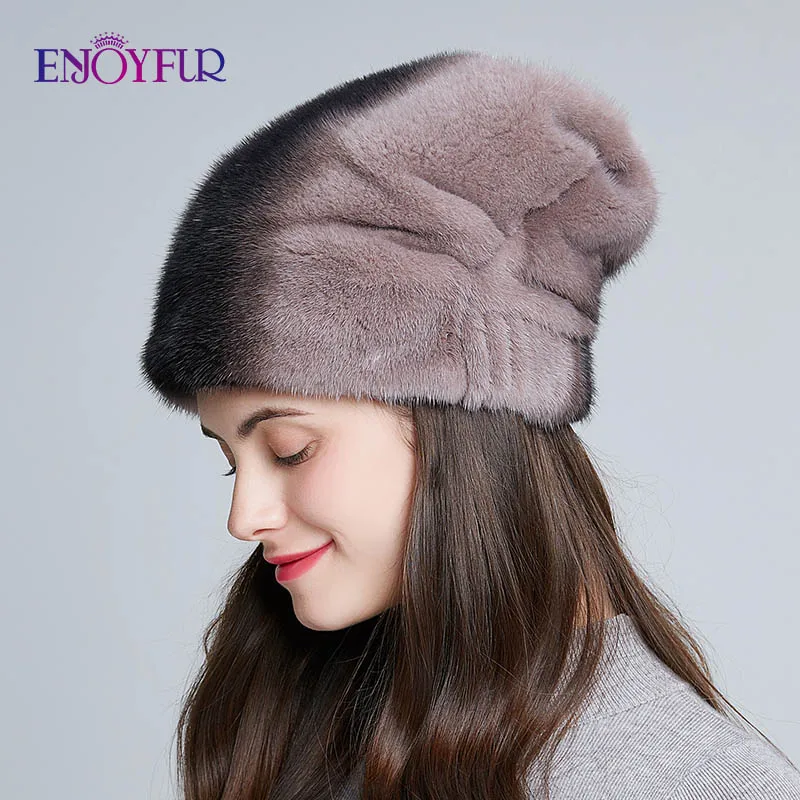 ENJOYFUR с натуральным норковым мехом Шапки на толстой подошве, женская теплая со всей норковые меховые шапки модные стразы женские шапки новые меховые шапки-бини