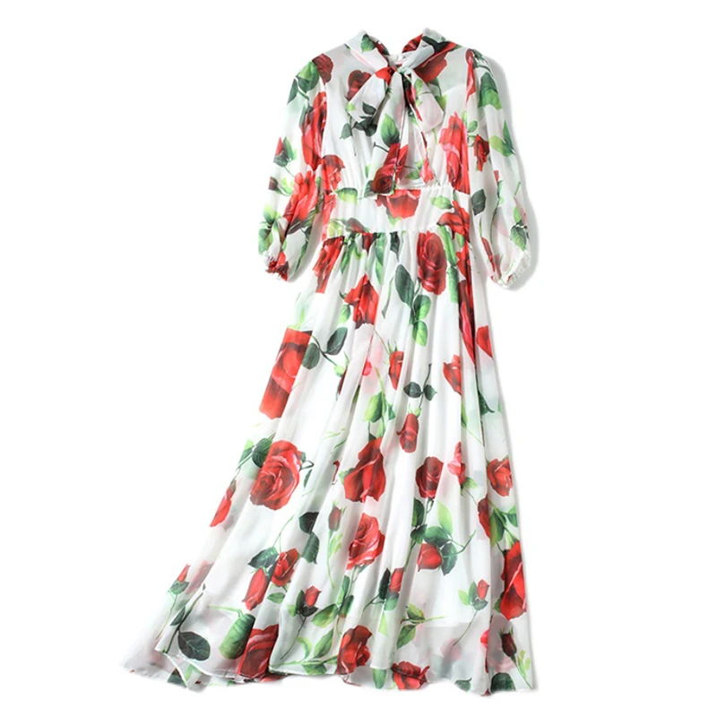

2021 Summer Women's Dress Leisure Vacation Bow Neck Printing High Waist Seven Sleeve Swing Elegant Dresses