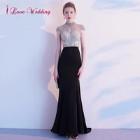new arrival 2020 sexy high neck evening dresses heavy beaded black spandex short sleeves luxury formal trumpet evening gown