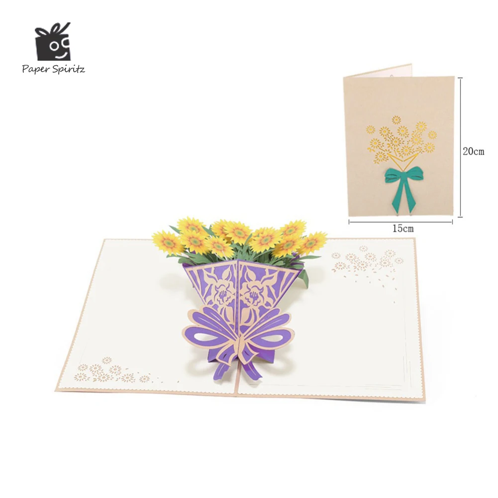 

PAPER SPIRITZ laser cut 3D flower bouquet paper pop up card with blank envelope invitations greeting cards thank you invitation
