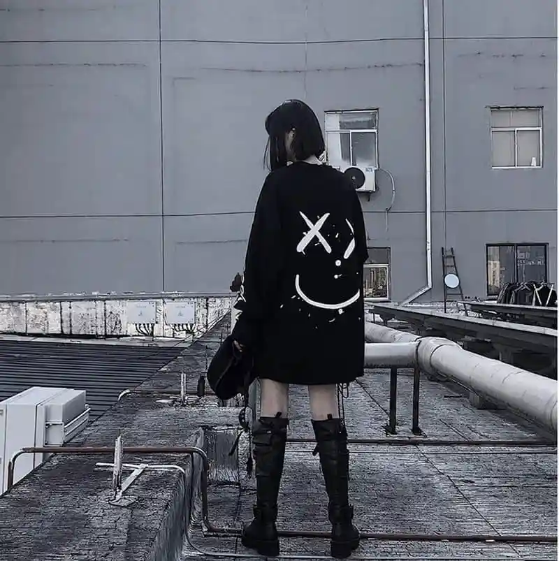 gothic sweatshirt Women korean oversized long sleeve t shirt hip hop punk streetwear girls tees Black Loose Long Sleeve T Shirt | Женская