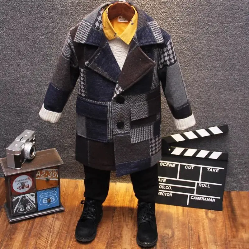 Зимние куртки однотонный шерстяной двубортный плащ для маленьких мальчиков