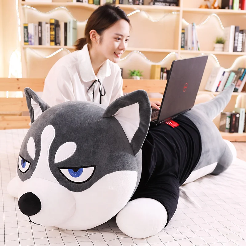 80/100cm Funny Dressed Husky Pillow Stuffed Doll Stripe Sweater Soft Husky Lying Plush Toy Cute Dog Animals Kids Birthday Gift