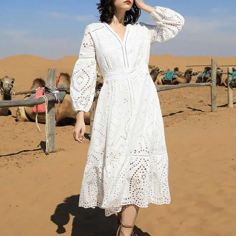 Женское платье с длинным рукавом в стиле бохо хлопковое вырезом лодочкой и