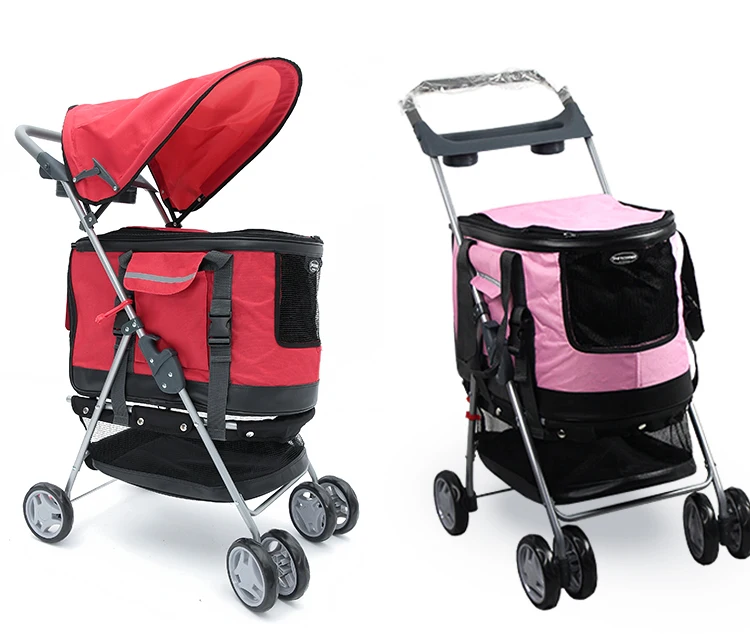 Folding Pet Stroller Lightweight Dog Four-wheeled Cart Rainproof Sunscreen Pet Supplies 600D Oxford Cloth with Removable Canopy
