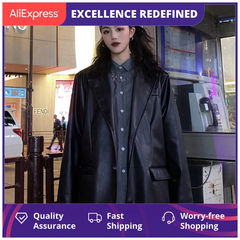 

Корейский черный кожаный мотоциклетный пиджак, винтажный теплый женский свободный костюм с длинным рукавом, блейзеры, модная уличная одежд...