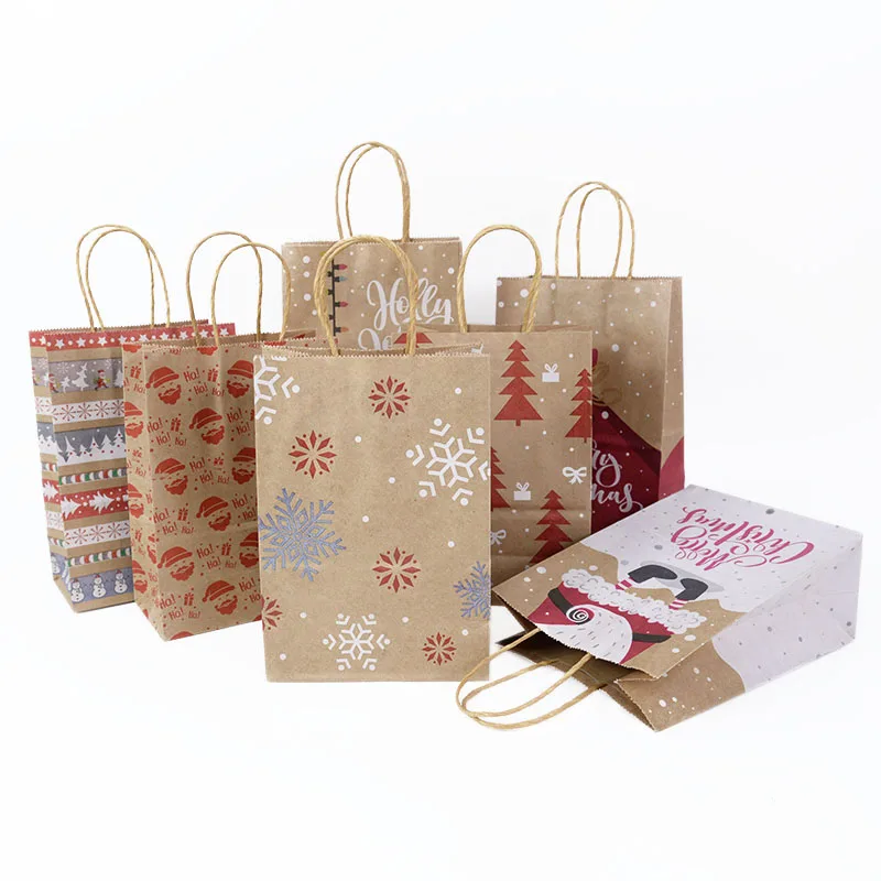 

5pcs Christmas Kraft Paper Bag With Handle Santa Claus Xmas Tree Gift Packing Bag Merry Christmas New Year Decor Brown Paper Bag
