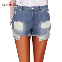 sebowel summer casual womens silver sequins pocket patchwork shorts jeans female streetwear broken holes denim shorts s xl