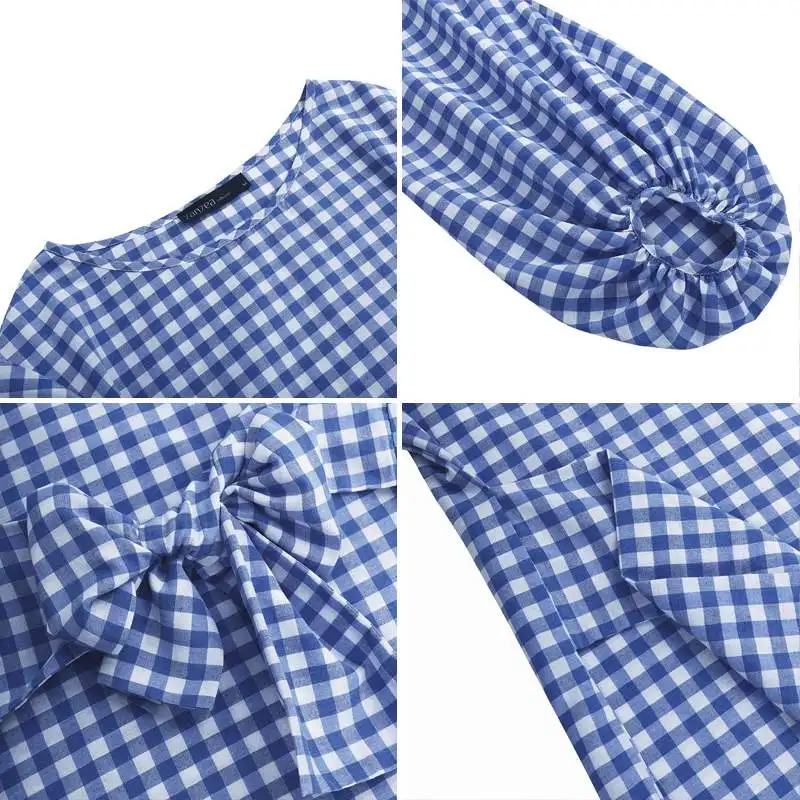

Plus Size Fashion Bow Check Shirts Women's Puff Sleeve Blouses ZANZEA 2021 Causal Plaid Blusas Female O Neck Tunic Tops Chemise