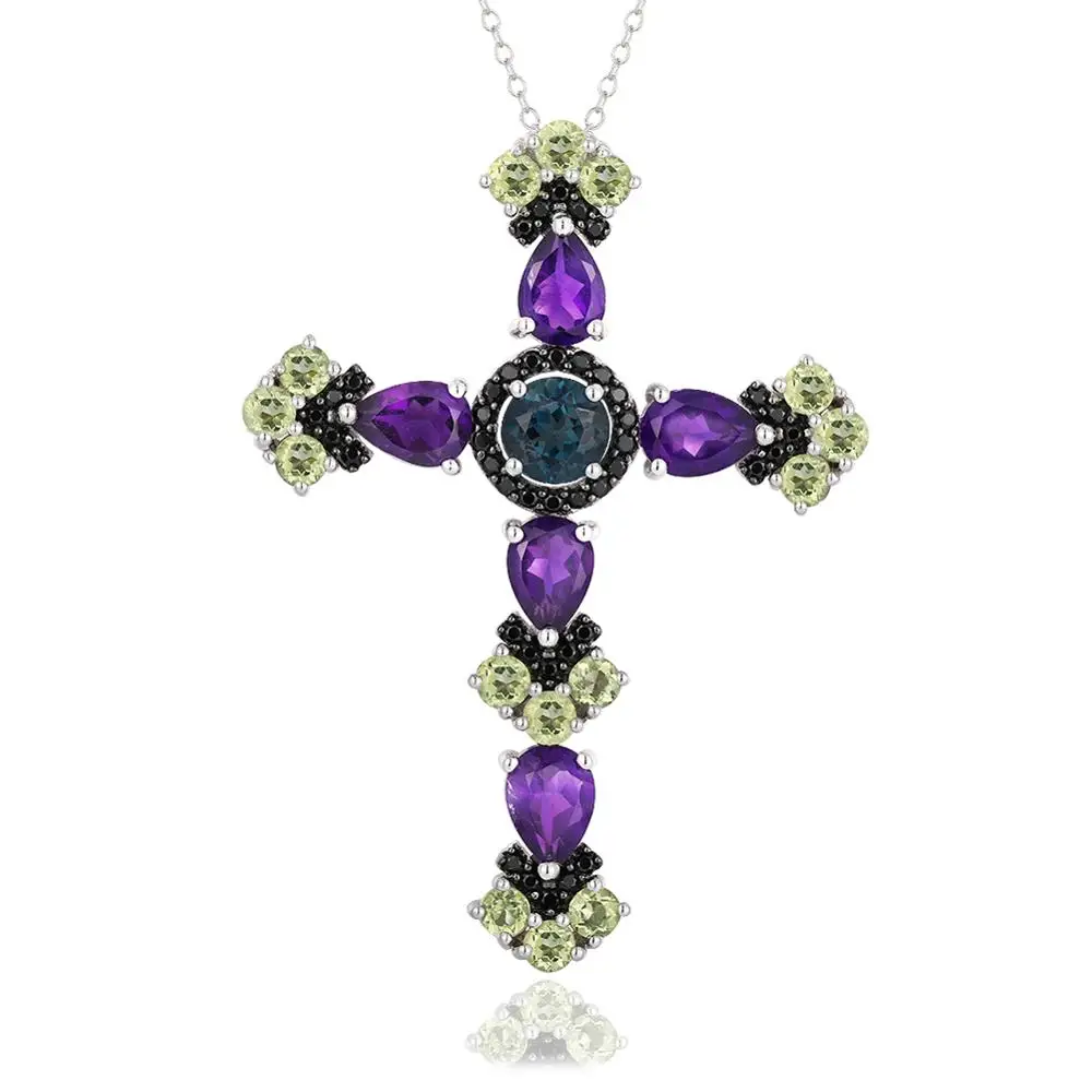 GZ ZONGFA Original 925 Sterling Silver Cross Necklaces Natural Blue Topaz Amethyst Peridot Mix Colour Cross Pendant Fine Jewelry