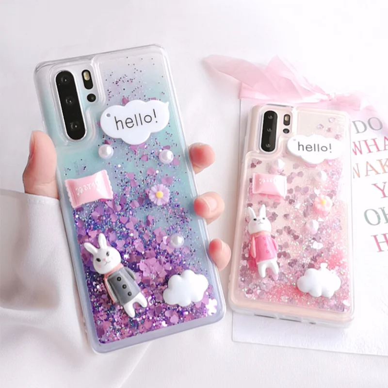 3D милый Жидкий чехол с кроликом для huawei P30 Pro P30pro Lite динамический зыбучий песок