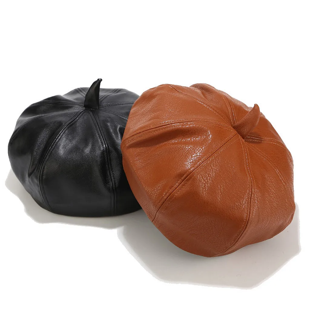 Модные береты Женские однотонные кожаные тыквенные шляпы восьмиугольная шапка