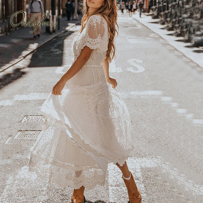 Женское длинное платье в горошек Ordifree винтажное белое кружевное пляжное