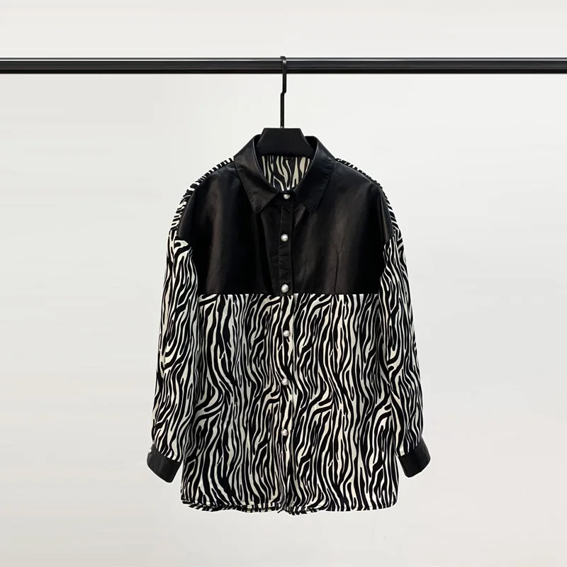 Spring New Style Sheepskin Stitching Zebra Print Chiffon Long-sleeved Bottoming Shirt Leather Slim Small Shirt Printed Shirt