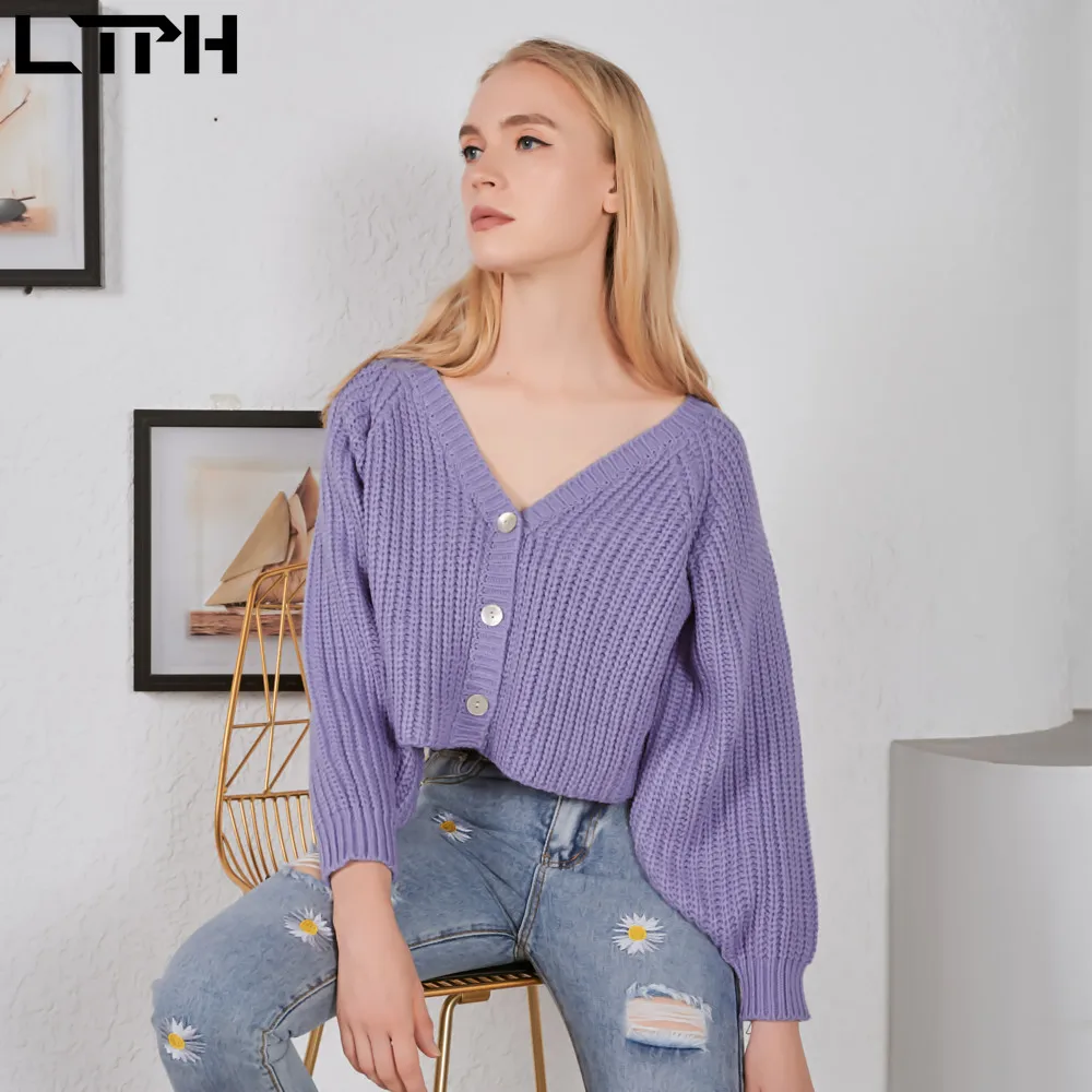 

LTPH Special sales Casual Solid color woman sweaters knitted cardigan Batwing Sleeve Loose Button V-Neck sweater 2021spring new