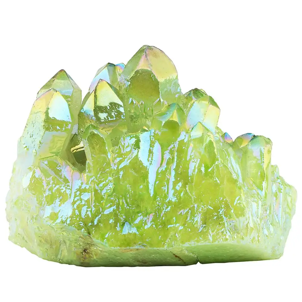 TUMBEELLUWA Lemon Green Angel Aura Titanium Coated Natural Crystal Cluster Stone Specimen Figurine