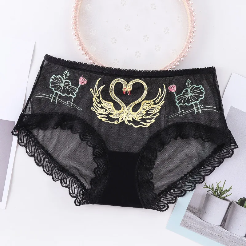 Кружевные сексуальные прозрачные кружевные сетчатые трусики с вышивкой лебедя