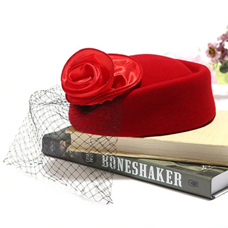 

Vintage Fedoras Face Veil Fascinator Hat Women Wool Felt Beret Cap Red Bridal Wedding Party Flower Fedora Stewardess Berets
