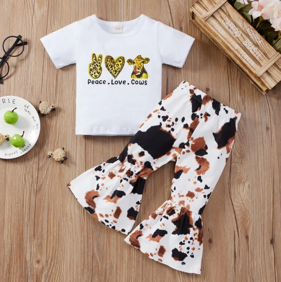 

2 Pieces Fashion Summer Girls Suit Kids Suit Set Letter Print O-Neck Short Sleeve T shirt TopsTie-Dyed Flared Trousers Clothes