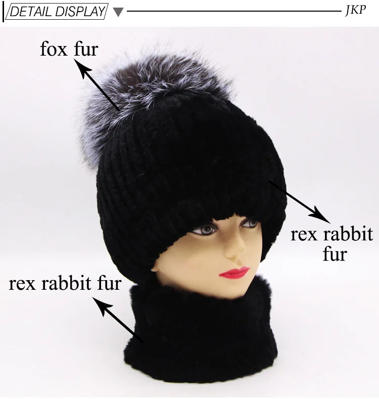 Rex rabbit fur hat female winter fox fur ball thick warm knitted earmuff wool cap