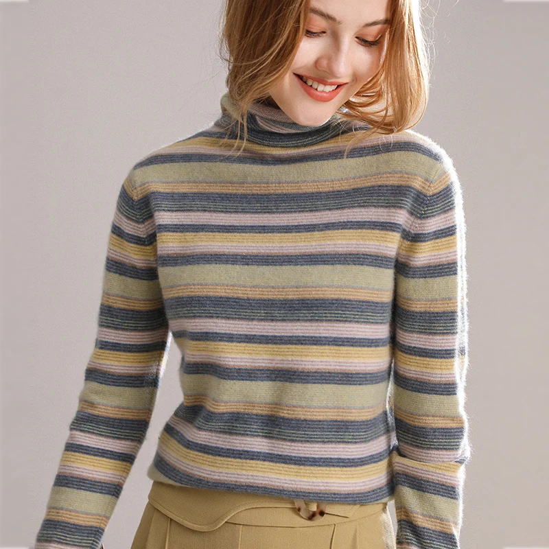 Autumn and winter new fashion color matching cashmere sweater women's bottoming jacket 100% pure | Женская одежда