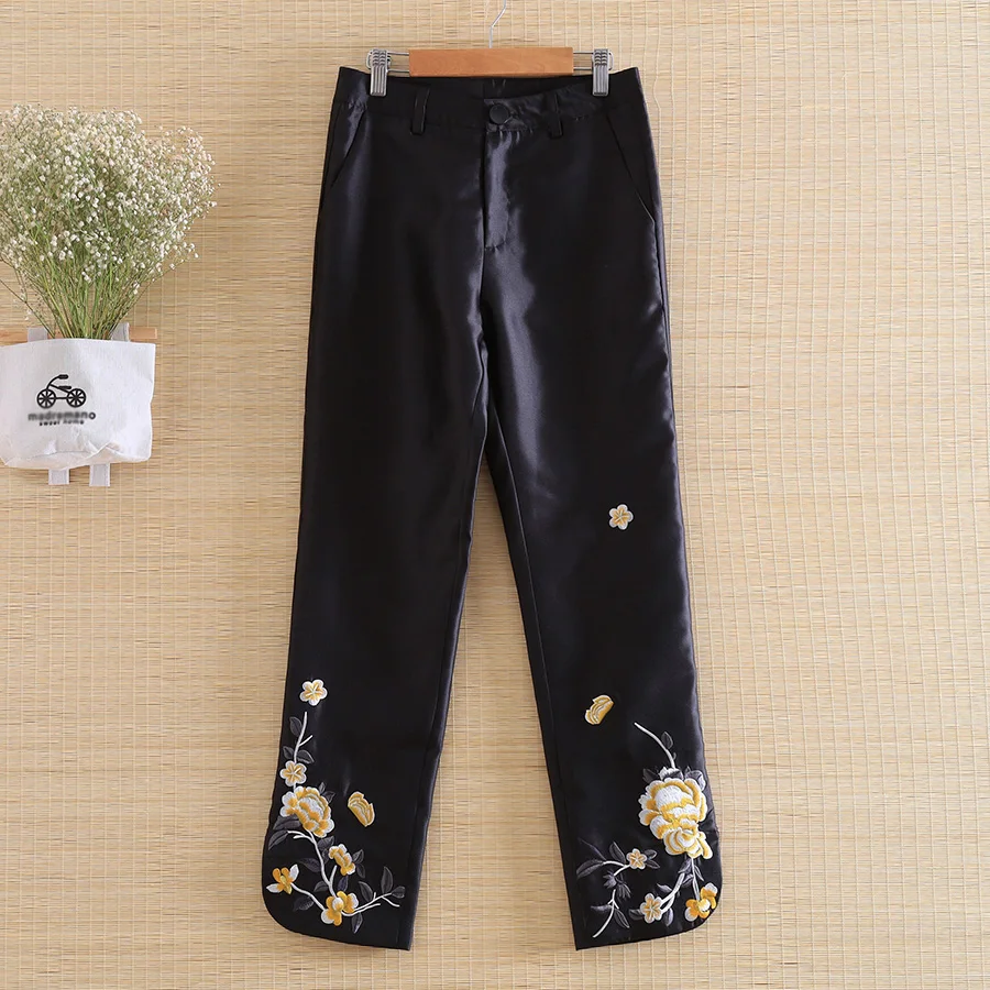 Высококачественные женские цветочные тонкие брюки, винтажная королевская вышивка женские красивые осенние брюки Embro Mill