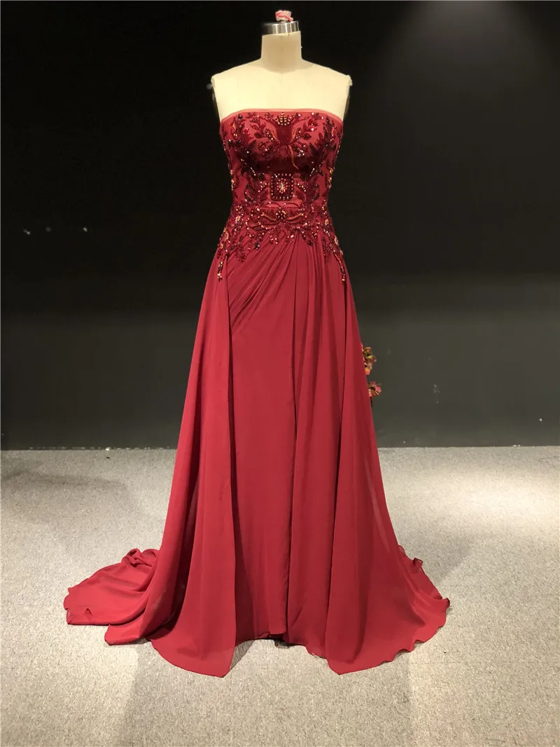 

Новинка 2021, высокое качество, реальные изображения на заказ, красное вечернее платье-трапеция без бретелек с тяжелым бисером, длиной до пола...