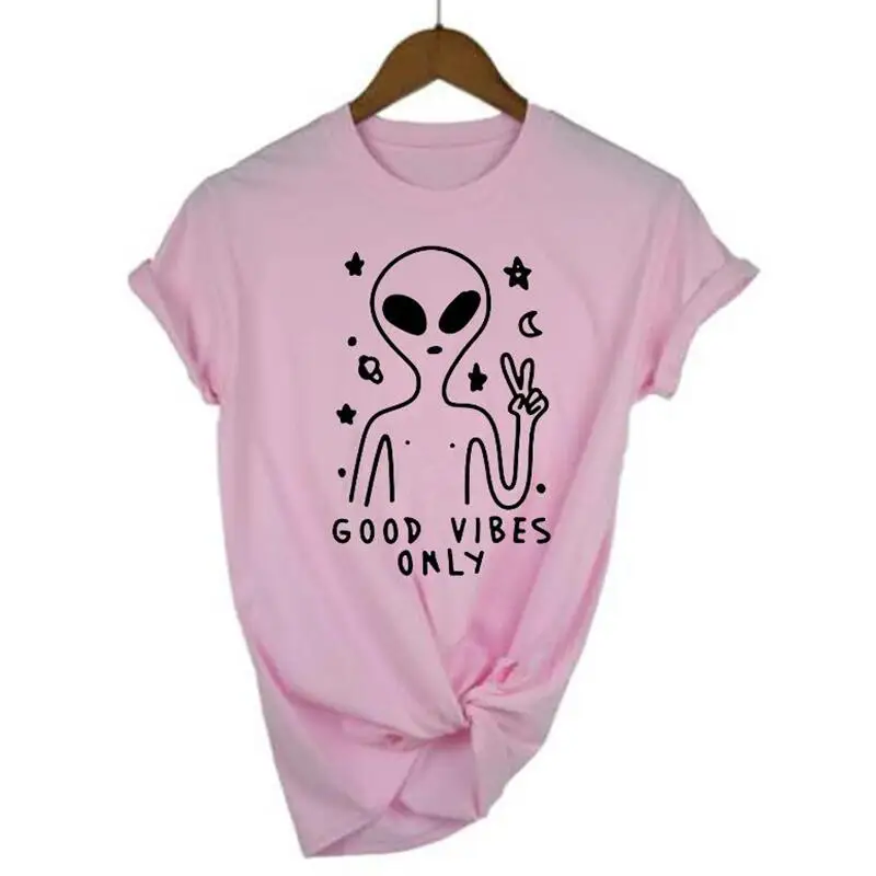 

Good Vibes Only Scissors Hands Alien T Shirt Women Tops Funny Letter Print Tshirt Summer Short Sleeve Cotton Tee Shirt Femme