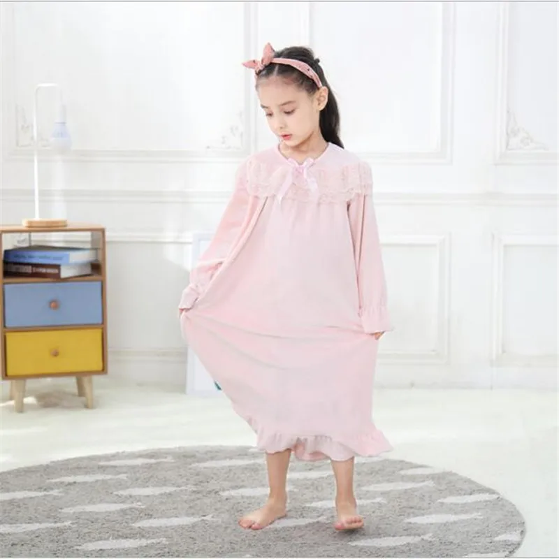 Осенне зимняя фланелевая кружевная одежда для сна маленьких девочек Однотонная