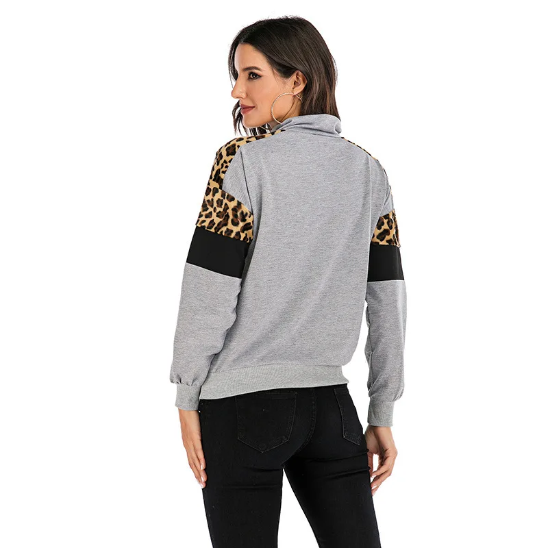 

Sumiton Amazon Cross Border Thin Stand Collar Zipper Sweater Women's Stitching Leopard Print Fall / Winter 2020