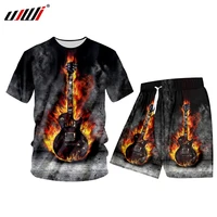 ujwi 3d digital printing set outdoors quick drying flame guitar short sleeve 2 piece set tank tops and shorts men breathable