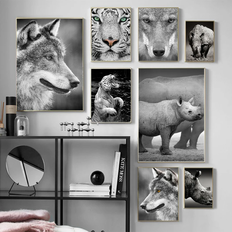 

Rhino Tiger Wolf Poster Wall Art Black and White Animals Canvas Picture Interior Decorative Paintings for Living Room Frameless